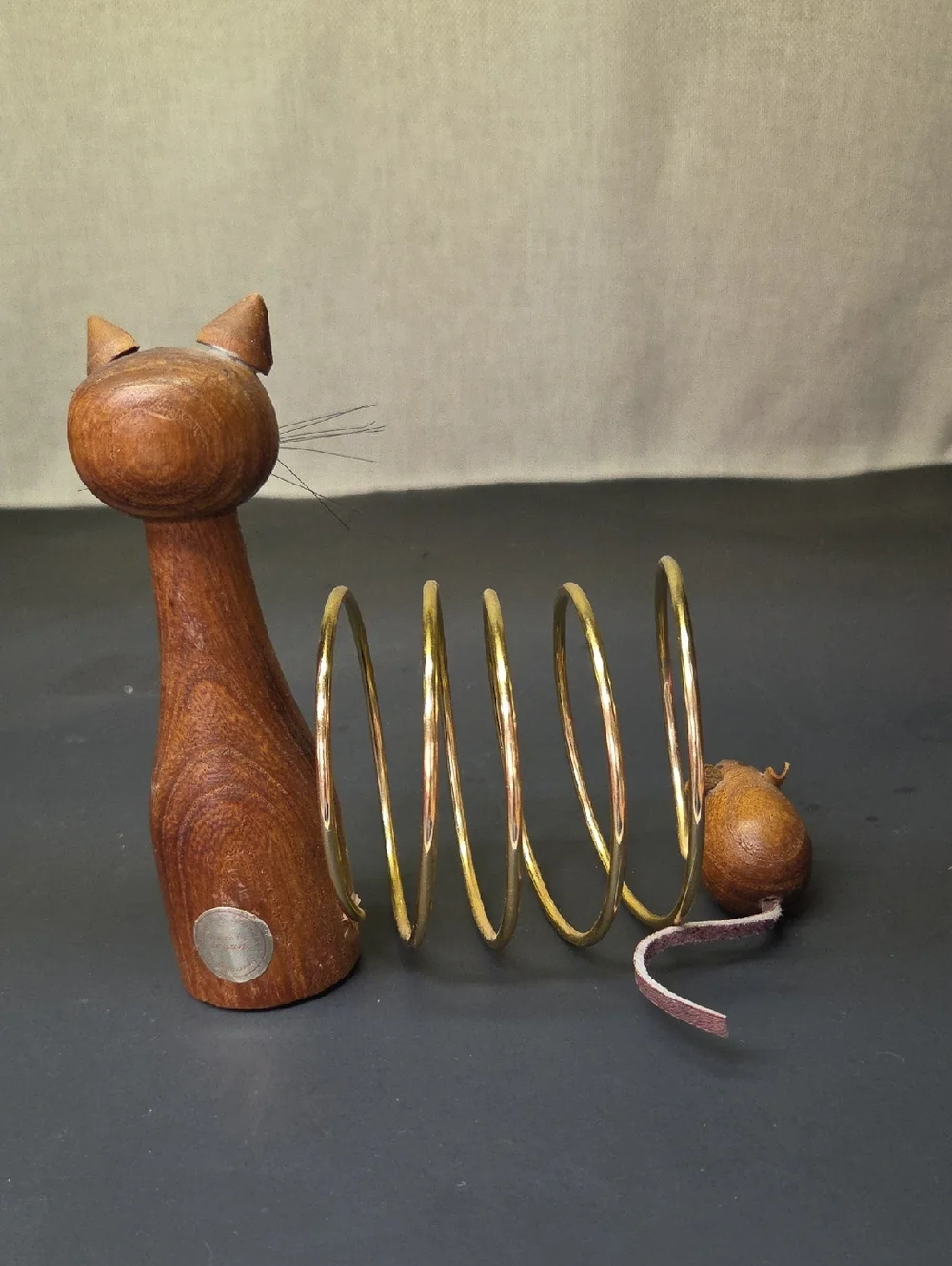 Vintage MCM Mid Century Modern Wood Cat & Mouse Spiral‎ Letter Rack Holder Japan